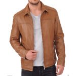 Vento — Men's Camel Tan Genuine Soft Lambskin Leather Classic Collared Zip-Up Slim Fit Biker Casual Lightweight Motorcycle Street Style Outerwear Jacket