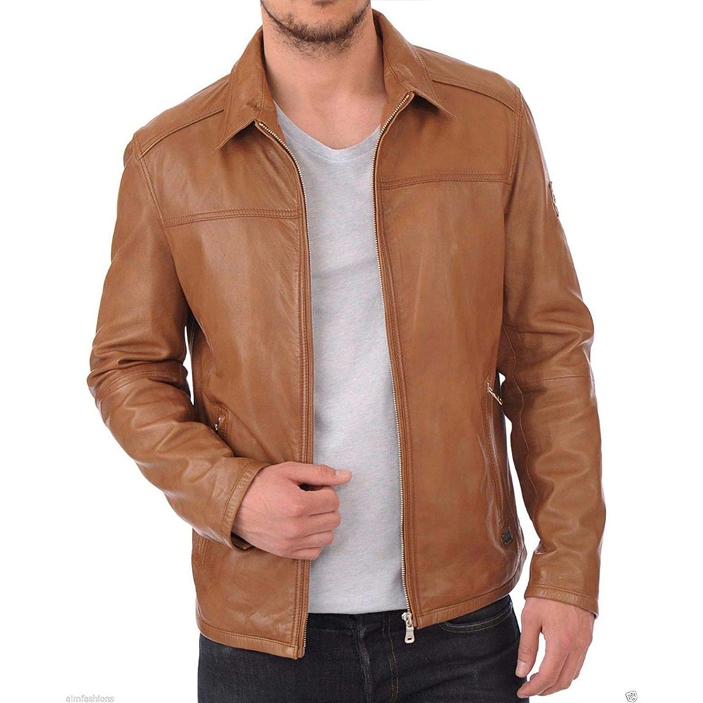 A1 Vento — Men's Camel Tan Genuine Soft Lambskin Leather Classic Collared Zip-Up Slim Fit Biker Casual Lightweight Motorcycle Street Style Outerwear Jacket - Image 1