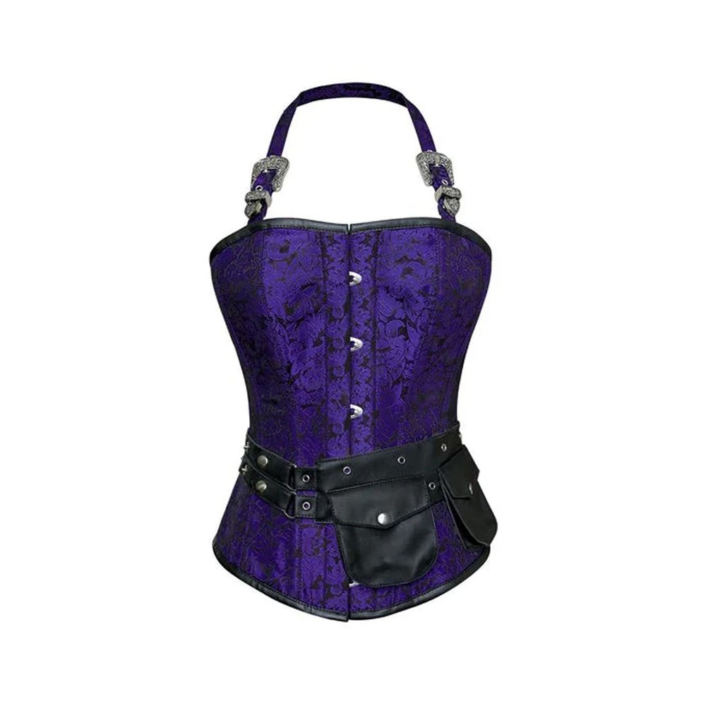 A1 Viola Imperatrice — Women's Deep Royal Purple Black Floral Brocade Jacquard Overbust Corset Silver Halter Neck Strap Decorative Clasp Front Busk Fastening Black Leather Waist Belt Silver Buckle Small Side Utility Pocket Boned Structured Lace-Up Back Steampunk Victorian Armor Costume Shapewear Waist Cincher - Image 1