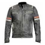 Sfumato — Men's Vintage Distressed Grey Genuine Hand-Waxed Leather Retro Cafe Racer Biker Jacket with Contrast Cream & Rust Orange Stripe Detail Silver-Tone Multi-Zip Band Collar Worn-In Street Style Outerwear