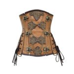 Teschio Dorato — Women's Warm Tan Caramel Brown Faux Leather Underbust Waist Cincher Corset Antique Bronze Gold Skull Head Embellishment Ornate Filigree Chain Drape Detail Decorative Bow-Shape Metal Applique Side Lace-Up Ribbon Tie Closure Heavily Boned Structured Steampunk Pirate Victorian Armor Costume Shapewear