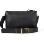 Zelvorra — Women's Jet Black Pebbled Genuine Leather Gold-Zip Top Wide-Strap Gold-Square-Buckle Structured Crossbody Shoulder Bag