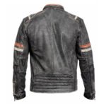 Sfumato — Men's Vintage Distressed Grey Genuine Hand-Waxed Leather Retro Cafe Racer Biker Jacket with Contrast Cream & Rust Orange Stripe Detail Silver-Tone Multi-Zip Band Collar Worn-In Street Style Outerwear - Image 2
