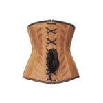 Teschio Dorato — Women's Warm Tan Caramel Brown Faux Leather Underbust Waist Cincher Corset Antique Bronze Gold Skull Head Embellishment Ornate Filigree Chain Drape Detail Decorative Bow-Shape Metal Applique Side Lace-Up Ribbon Tie Closure Heavily Boned Structured Steampunk Pirate Victorian Armor Costume Shapewear - Image 2