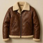 Montagna — Men's Rich Chestnut Brown Genuine Lambskin Leather B3 Bomber Flight Jacket with Cream Ivory Sherpa Shearling Fur Collar Lining Zip-Up Warm Winter Aviator Outerwear