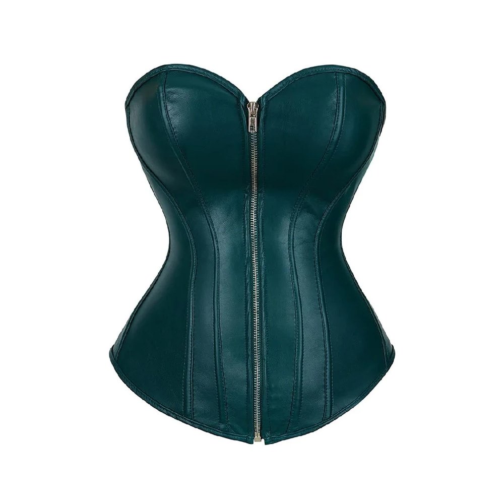 A12 Smeraldo Zip — Women's Deep Teal Emerald Green Smooth Faux Leather Overbust Sweetheart Neckline Corset Front Center Silver Zipper Closure Subtle Vertical Boning Panel Seam Detail Strapless Structured Clean Minimal Lace-Up Back Waist Cincher Modern Gothic Victorian Steampunk Armor Costume Shapewear - Image 1