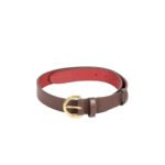 Doppio — Women's Dark Chocolate Brown Genuine Smooth Leather Reversible Two-Tone Red Lined Slim Belt with Gold-Tone Round Buckle Elegant Everyday Accessory
