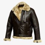 Aquilone — Men's Dark Espresso Brown Genuine Cowhide Leather Oversized B3 Bomber Aviator Flight Jacket with Cream Beige Thick Sherpa Shearling Fur Collar Cuffs Lining Belted Warm Winter Military Outerwear