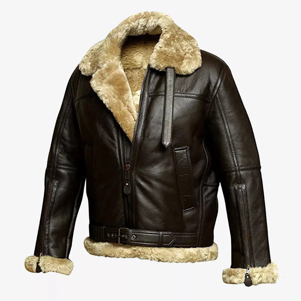 A14 Aquilone — Men's Dark Espresso Brown Genuine Cowhide Leather Oversized B3 Bomber Aviator Flight Jacket with Cream Beige Thick Sherpa Shearling Fur Collar Cuffs Lining Belted Warm Winter Military Outerwear - Image 1