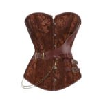Cioccolato Avventuriera — Women's Rich Chocolate Brown Damask Brocade Jacquard Overbust Sweetheart Neckline Corset Dark Brown Leather Diagonal Shoulder-to-Waist Harness Strap Antique Brass Double Buckle Waist Belt Decorative Gold Chain Fob Detail Front Hook Fastening Boned Structured Lace-Up Back Waist Cincher Steampunk Victorian Adventurer Armor Costume Shapewear