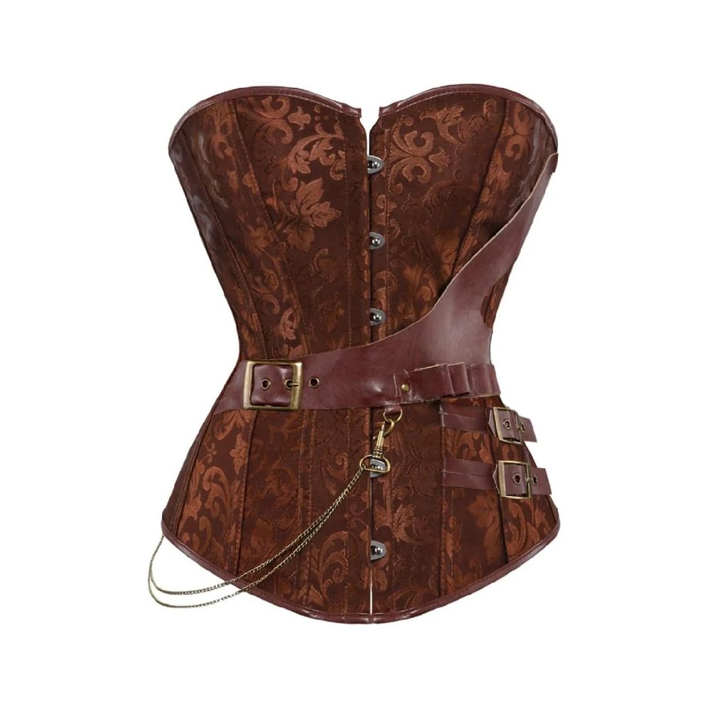 A14 Cioccolato Avventuriera — Women's Rich Chocolate Brown Damask Brocade Jacquard Overbust Sweetheart Neckline Corset Dark Brown Leather Diagonal Shoulder-to-Waist Harness Strap Antique Brass Double Buckle Waist Belt Decorative Gold Chain Fob Detail Front Hook Fastening Boned Structured Lace-Up Back Waist Cincher Steampunk Victorian Adventurer Armor Costume Shapewear - Image 1