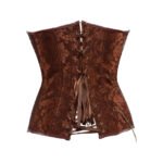 Cioccolato Avventuriera — Women's Rich Chocolate Brown Damask Brocade Jacquard Overbust Sweetheart Neckline Corset Dark Brown Leather Diagonal Shoulder-to-Waist Harness Strap Antique Brass Double Buckle Waist Belt Decorative Gold Chain Fob Detail Front Hook Fastening Boned Structured Lace-Up Back Waist Cincher Steampunk Victorian Adventurer Armor Costume Shapewear - Image 2