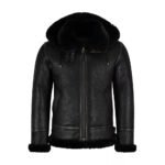 Tempesta — Women's Jet Black Genuine Lambskin Leather Hooded Oversized B3 Bomber Aviator Jacket with Black Thick Sherpa Shearling Fur Hood Cuffs Lining Zip-Up Luxe Winter Warm Outerwear