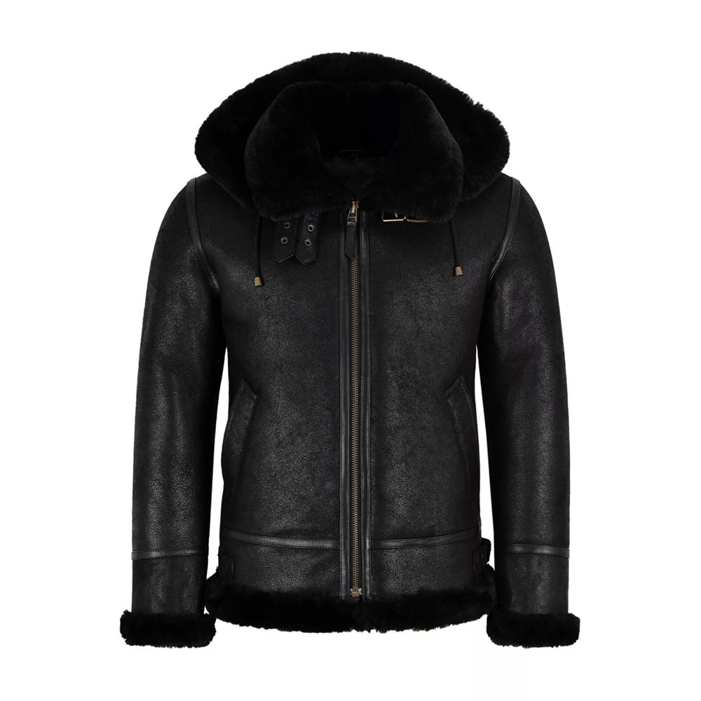 A16 Tempesta — Women's Jet Black Genuine Lambskin Leather Hooded Oversized B3 Bomber Aviator Jacket with Black Thick Sherpa Shearling Fur Hood Cuffs Lining Zip-Up Luxe Winter Warm Outerwear - Image 1