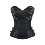 Nero Catena — Women's Jet Black Smooth Faux Leather Overbust Sweetheart V-Neckline Corset Silver Metal Ring-and-Chain Lace-Up Front Chest Detail Silver D-Ring Side Hardware Embellishment Vertical Panel Seam Boning Structured Boned Lace-Up Back Waist Cincher Dark Gothic Punk Victorian Moto-Inspired Armor Costume Shapewear