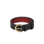 Notturno — Women's Jet Black Genuine Smooth Leather Reversible Two-Tone Red Lined Skinny Belt with Gold-Tone Classic Round Buckle Chic Elegant Everyday Accessory