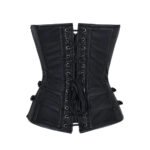 Nero Catena — Women's Jet Black Smooth Faux Leather Overbust Sweetheart V-Neckline Corset Silver Metal Ring-and-Chain Lace-Up Front Chest Detail Silver D-Ring Side Hardware Embellishment Vertical Panel Seam Boning Structured Boned Lace-Up Back Waist Cincher Dark Gothic Punk Victorian Moto-Inspired Armor Costume Shapewear - Image 2