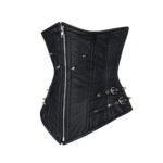 Nero Ribelle — Women's Jet Black Satin Faux Leather Underbust Waist Cincher Corset Front Diagonal Silver Zipper Closure Silver Stud Rivet Detail Side Double Silver Buckle Strap Hardware Asymmetric Curved Top Hem Vertical Boning Panel Seam Flared Hip Bottom Panel Structured Lace-Up Back Dark Gothic Punk Moto-Inspired Victorian Steampunk Armor Costume Shapewear