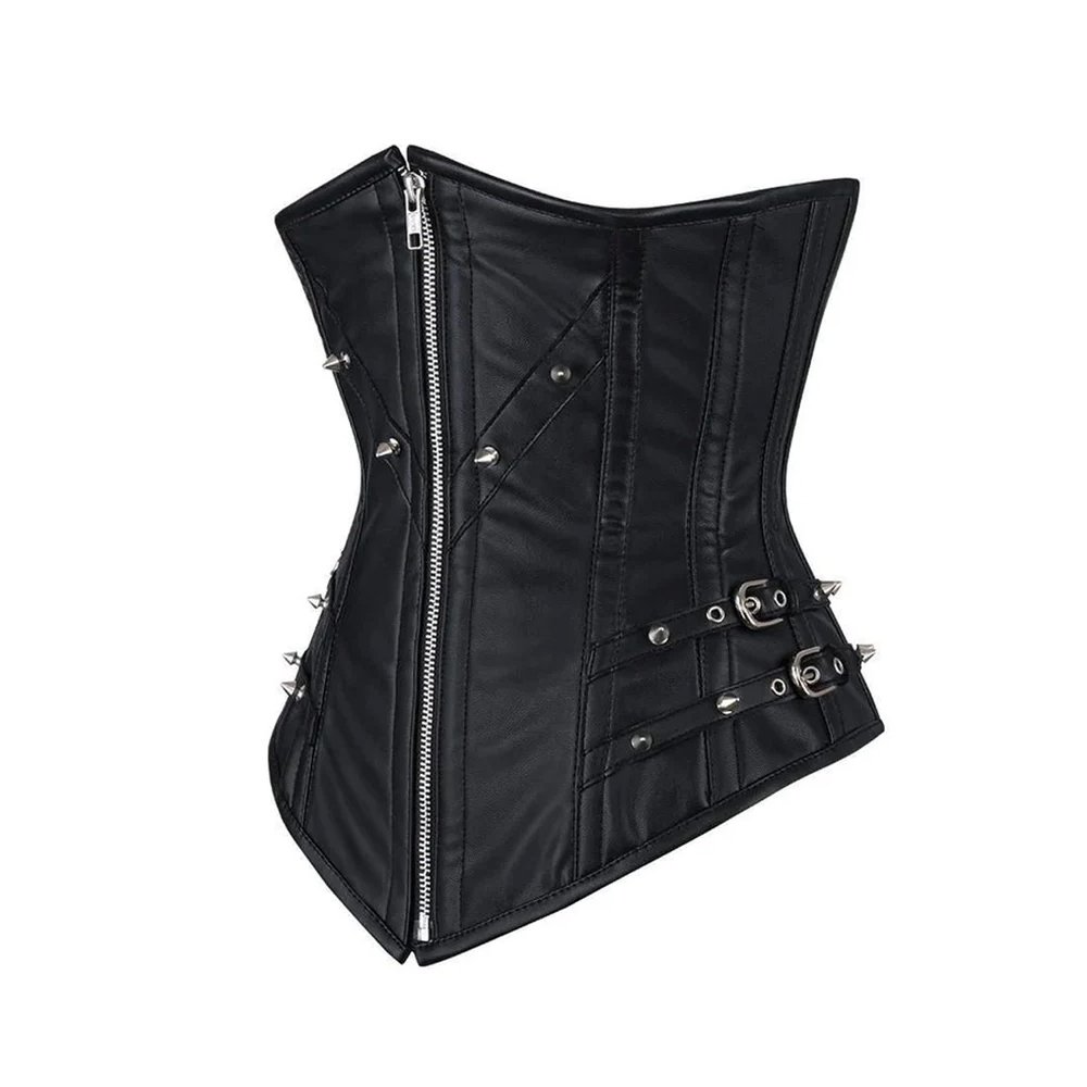 A18 Nero Ribelle — Women's Jet Black Satin Faux Leather Underbust Waist Cincher Corset Front Diagonal Silver Zipper Closure Silver Stud Rivet Detail Side Double Silver Buckle Strap Hardware Asymmetric Curved Top Hem Vertical Boning Panel Seam Flared Hip Bottom Panel Structured Lace-Up Back Dark Gothic Punk Moto-Inspired Victorian Steampunk Armor Costume Shapewear - Image 1
