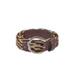Treccia — Women's Dark Brown Genuine Leather Trim Hand-Braided Woven Raffia Straw Two-Tone Boho Casual Belt with Silver-Tone Curved Buckle Bohemian Summer Accessory