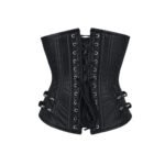 Nero Ribelle — Women's Jet Black Satin Faux Leather Underbust Waist Cincher Corset Front Diagonal Silver Zipper Closure Silver Stud Rivet Detail Side Double Silver Buckle Strap Hardware Asymmetric Curved Top Hem Vertical Boning Panel Seam Flared Hip Bottom Panel Structured Lace-Up Back Dark Gothic Punk Moto-Inspired Victorian Steampunk Armor Costume Shapewear - Image 2