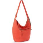 Corvella — Women's Vibrant Coral Red Genuine Leather Front-Zip Pocket Antique-Brass Hardware Tassel-Pull Casual Hobo Shoulder Bag - Image 2