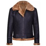Contrasto — Men's Midnight Navy Dark Brown Genuine Lambskin Leather B3 Bomber Aviator Flight Jacket with Contrast Camel Tan Thick Sherpa Shearling Fur Collar Cuffs Lining Zip-Up Luxury Winter Outerwear