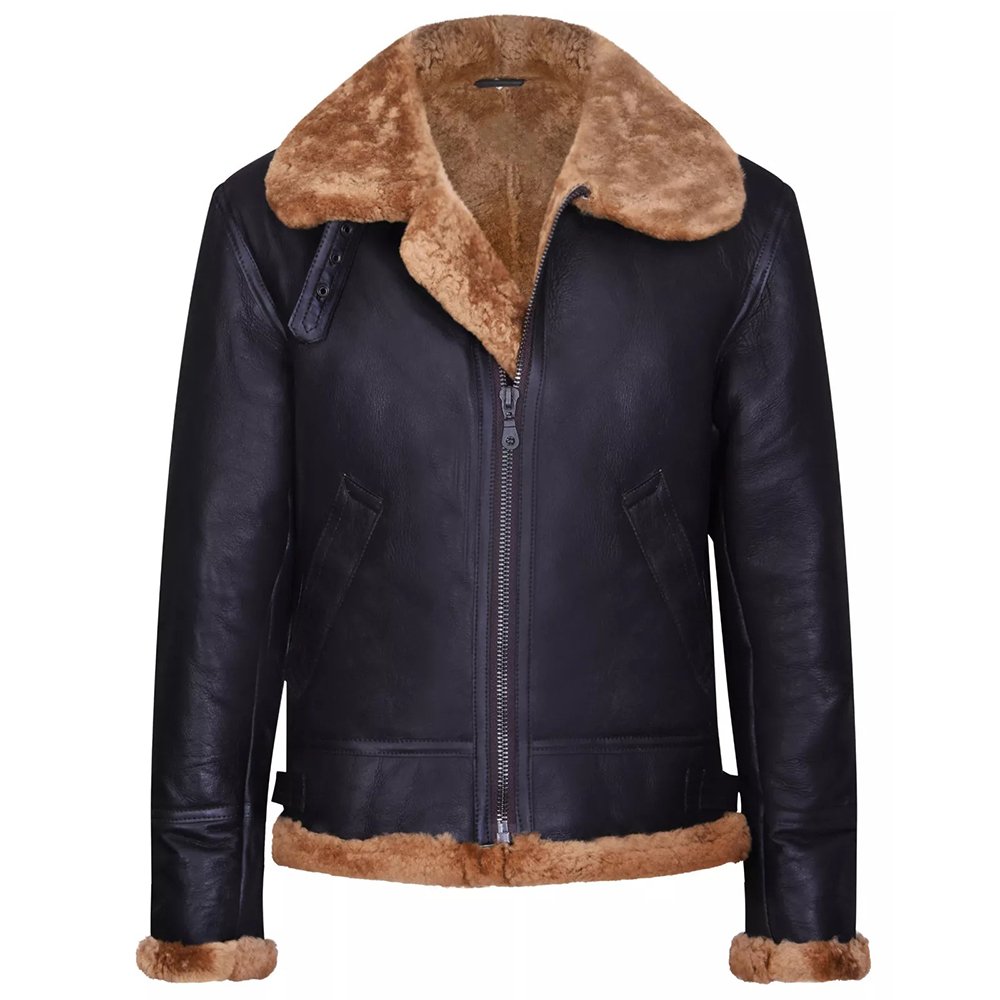 A20 Contrasto — Men's Midnight Navy Dark Brown Genuine Lambskin Leather B3 Bomber Aviator Flight Jacket with Contrast Camel Tan Thick Sherpa Shearling Fur Collar Cuffs Lining Zip-Up Luxury Winter Outerwear - Image 1