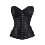 Nero Plissé — Women's Jet Black Smooth Faux Leather Overbust Sweetheart Neckline Corset Front Center Snap Hook-and-Eye Busk Fastening Horizontal Pleated Panel Stripe Detail Throughout Side Double Black Buckle Strap Hardware Heavily Boned Structured Lace-Up Back Waist Cincher Sleek Minimal Gothic Victorian Moto-Inspired Armor Costume Shapewear