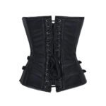 Nero Plissé — Women's Jet Black Smooth Faux Leather Overbust Sweetheart Neckline Corset Front Center Snap Hook-and-Eye Busk Fastening Horizontal Pleated Panel Stripe Detail Throughout Side Double Black Buckle Strap Hardware Heavily Boned Structured Lace-Up Back Waist Cincher Sleek Minimal Gothic Victorian Moto-Inspired Armor Costume Shapewear - Image 2