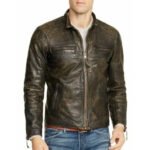 Antico — Men's Vintage Distressed Olive Brown Genuine Hand-Waxed Cowhide Leather Slim Fit Cafe Racer Moto Biker Jacket with Silver-Tone Multi-Zip Band Collar Worn-In Rugged Street Style Outerwear