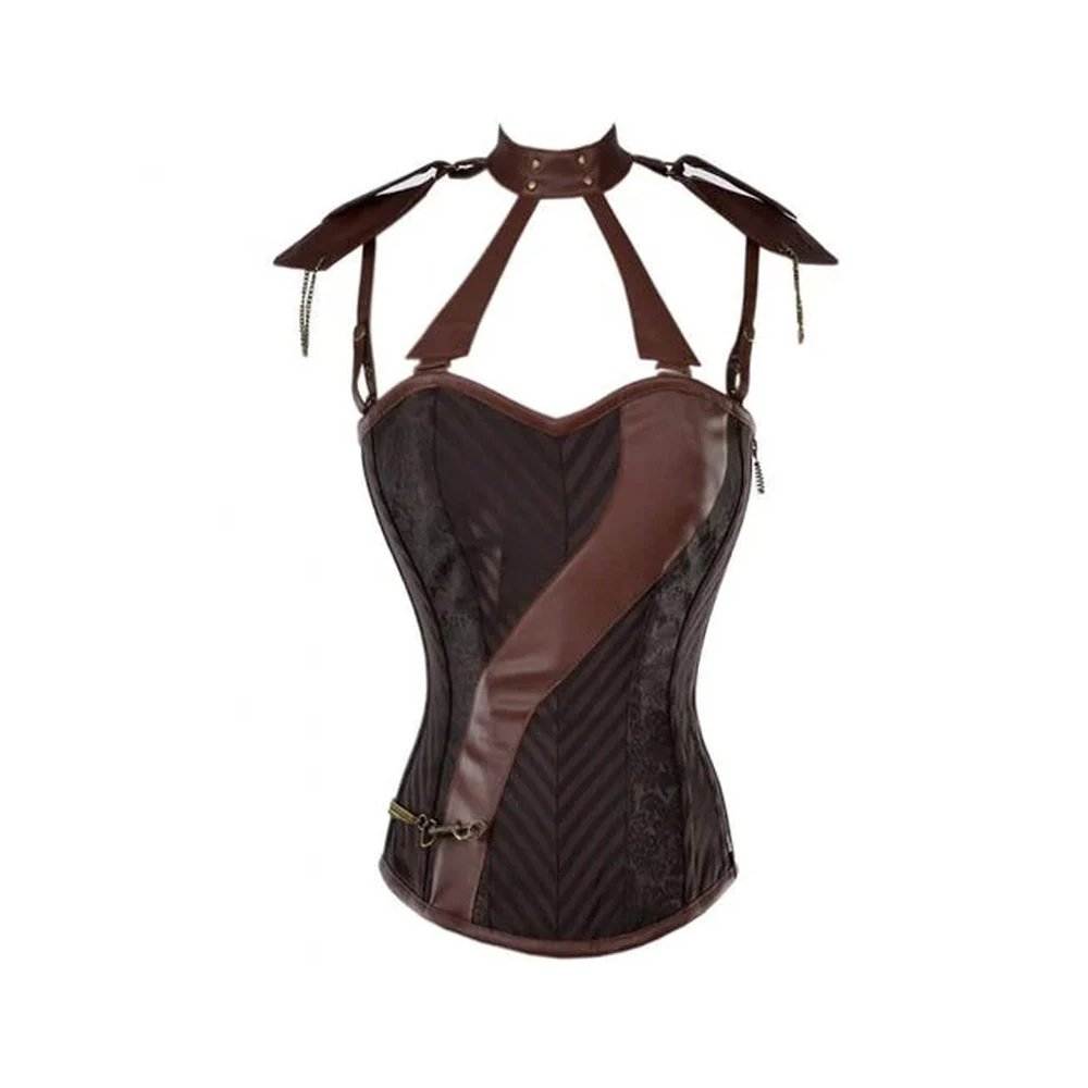 A22 Bruno Esploratore — Women's Dark Charcoal Black Diagonal Chevron Brocade Brown Faux Leather Two-Tone Overbust Corset Brown Leather Shoulder Harness Collar Adjustable Suspender Strap Diagonal Brown Leather Front Sash Panel Antique Brass Hardware Side Zipper Closure Boned Structured Lace-Up Back Waist Cincher Steampunk Victorian Aviator Explorer Armor Costume Shapewear - Image 1