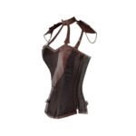 Bruno Esploratore — Women's Dark Charcoal Black Diagonal Chevron Brocade Brown Faux Leather Two-Tone Overbust Corset Brown Leather Shoulder Harness Collar Adjustable Suspender Strap Diagonal Brown Leather Front Sash Panel Antique Brass Hardware Side Zipper Closure Boned Structured Lace-Up Back Waist Cincher Steampunk Victorian Aviator Explorer Armor Costume Shapewear - Image 2