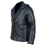 Diamante — Men's Jet Black Genuine Soft Lambskin Leather Asymmetric Diagonal Zip Slim Fit Moto Biker Jacket with Diamond Quilted Sleeve Chest Panel Detail Silver-Tone Multi-Zip Lapel Collar Edgy Street Style Outerwear