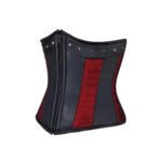 Rosso Guerriera — Women's Jet Black Faux Leather Deep Red Mesh Net Two-Tone Underbust Waist Cincher Corset Wide Structured Collar Top Band Silver Stud Rivet Detail Front Center Black Panel Red Mesh Inset Panel Side Zipper Closure Heavily Boned Structured Lace-Up Back Dark Gothic Punk Victorian Armor Costume Shapewear