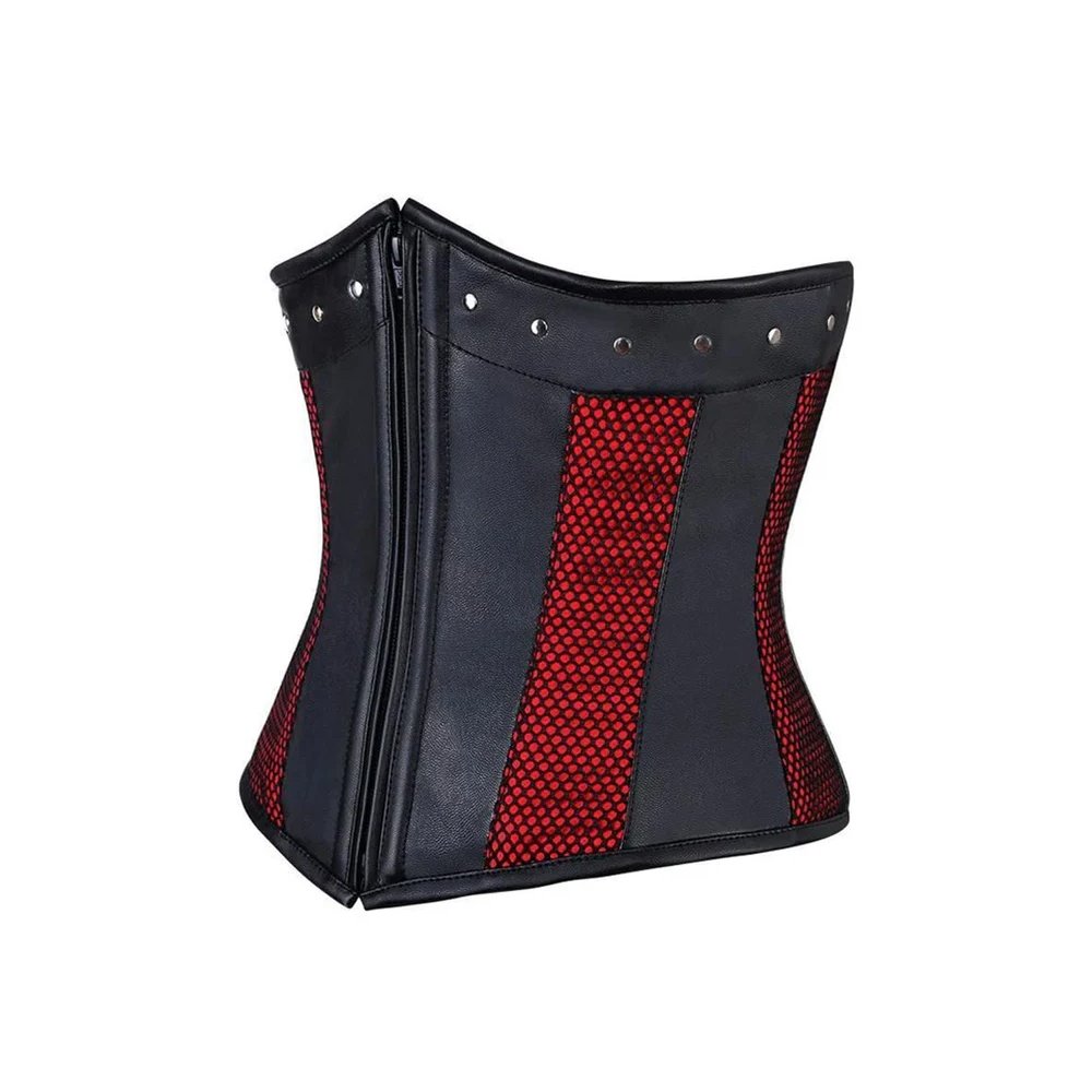 A24 Rosso Guerriera — Women's Jet Black Faux Leather Deep Red Mesh Net Two-Tone Underbust Waist Cincher Corset Wide Structured Collar Top Band Silver Stud Rivet Detail Front Center Black Panel Red Mesh Inset Panel Side Zipper Closure Heavily Boned Structured Lace-Up Back Dark Gothic Punk Victorian Armor Costume Shapewear - Image 1