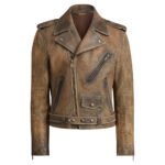 Predatore — Men's Vintage Distressed Camel Tan Genuine Hand-Waxed Cowhide Leather Asymmetric Diagonal Zip Belted Moto Biker Jacket with Epaulette Shoulder Detail Lapel Collar Worn-In Rugged Bold Street Style Outerwear