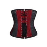 Rosso Guerriera — Women's Jet Black Faux Leather Deep Red Mesh Net Two-Tone Underbust Waist Cincher Corset Wide Structured Collar Top Band Silver Stud Rivet Detail Front Center Black Panel Red Mesh Inset Panel Side Zipper Closure Heavily Boned Structured Lace-Up Back Dark Gothic Punk Victorian Armor Costume Shapewear - Image 2