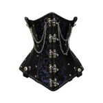 Blu Oscuro Regale — Women's Jet Black Patent Leather Deep Royal Blue Floral Brocade Two-Tone Underbust Waist Cincher Corset Silver Double Chain Drape Front Silver Skull Clasp Fastening Silver Stud Rivet Embellishment Throughout Angular Structured Flared Hip Panel Heavily Boned Lace-Up Back Dark Gothic Steampunk Victorian Armor Costume Shapewear