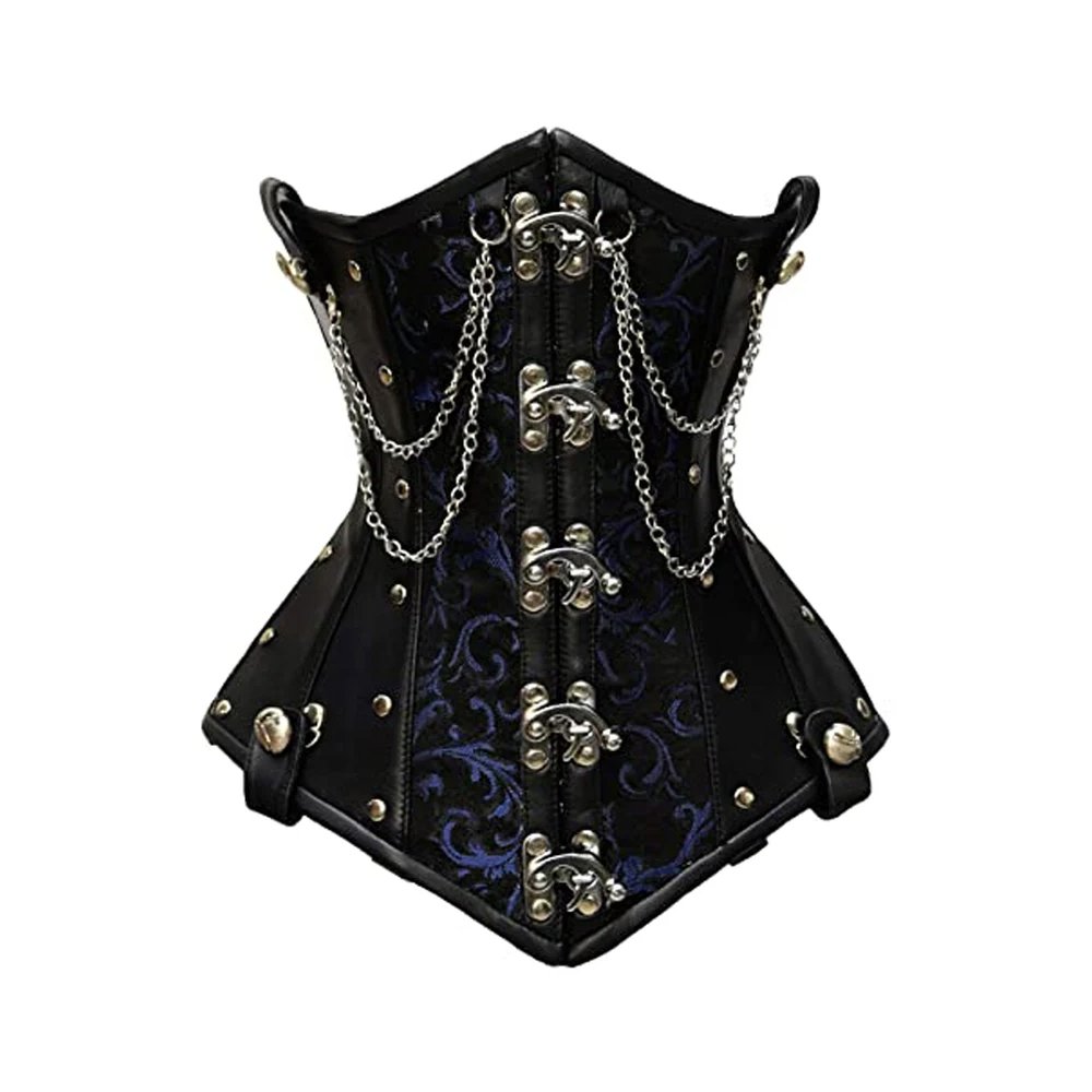 A26 Blu Oscuro Regale — Women's Jet Black Patent Leather Deep Royal Blue Floral Brocade Two-Tone Underbust Waist Cincher Corset Silver Double Chain Drape Front Silver Skull Clasp Fastening Silver Stud Rivet Embellishment Throughout Angular Structured Flared Hip Panel Heavily Boned Lace-Up Back Dark Gothic Steampunk Victorian Armor Costume Shapewear - Image 1