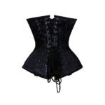 Blu Oscuro Regale — Women's Jet Black Patent Leather Deep Royal Blue Floral Brocade Two-Tone Underbust Waist Cincher Corset Silver Double Chain Drape Front Silver Skull Clasp Fastening Silver Stud Rivet Embellishment Throughout Angular Structured Flared Hip Panel Heavily Boned Lace-Up Back Dark Gothic Steampunk Victorian Armor Costume Shapewear - Image 2