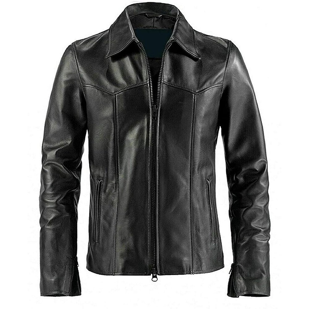 A28 Eleganza — Women's Jet Black Genuine Soft Lambskin Leather Slim Fit Collared Zip-Up Western Yoke Stitch Detail Classic Casual Chic Street Style Lightweight Everyday Outerwear Jacket - Image 1