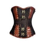 Rame Inventore — Women's Black Diagonal Stripe Brocade Copper Rust Brown Faux Leather Two-Tone Overbust Corset Antique Brass Binocular Goggle Clasp Embellishment Copper Leather Panel Overlay Trim Brass Ring Hook Lace-Up Side Detail Heavily Boned Structured Lace-Up Back Waist Cincher Steampunk Victorian Inventor Explorer Armor Costume Shapewear