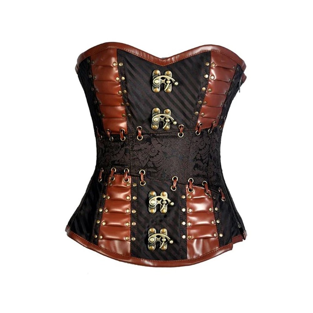 A28 Rame Inventore — Women's Black Diagonal Stripe Brocade Copper Rust Brown Faux Leather Two-Tone Overbust Corset Antique Brass Binocular Goggle Clasp Embellishment Copper Leather Panel Overlay Trim Brass Ring Hook Lace-Up Side Detail Heavily Boned Structured Lace-Up Back Waist Cincher Steampunk Victorian Inventor Explorer Armor Costume Shapewear - Image 1