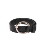 Cerchio — Women's Jet Black Genuine Smooth Full-Grain Leather Slim Belt with Silver-Tone Large Round Circle Ring Buckle Minimalist Chic Trendy Everyday Accessory