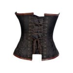 Rame Inventore — Women's Black Diagonal Stripe Brocade Copper Rust Brown Faux Leather Two-Tone Overbust Corset Antique Brass Binocular Goggle Clasp Embellishment Copper Leather Panel Overlay Trim Brass Ring Hook Lace-Up Side Detail Heavily Boned Structured Lace-Up Back Waist Cincher Steampunk Victorian Inventor Explorer Armor Costume Shapewear - Image 2