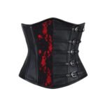 Nero Sangue — Women's Jet Black Faux Leather Deep Crimson Red Floral Lace Two-Tone Underbust Waist Cincher Corset Silver Gunmetal Side Buckle Strap Closure Front Split Panel Red Lace Inset Detail Heavily Boned Structured Lace-Up Back Waist Training Gothic Victorian Steampunk Armor Costume Shapewear