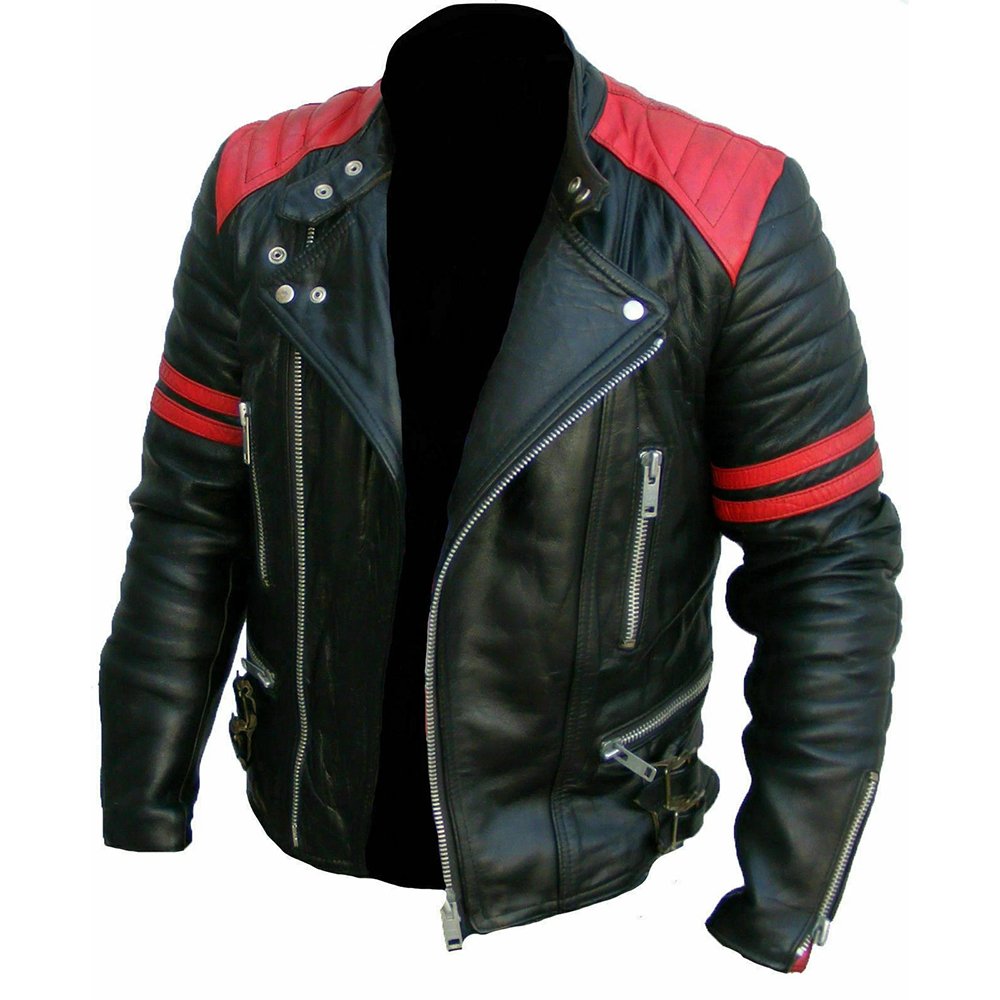 A30 Fuoco — Men's Jet Black Genuine Soft Lambskin Leather Asymmetric Diagonal Zip Moto Biker Jacket with Contrast Red Quilted Shoulder Stripe Detail Silver-Tone Multi-Zip Snap Button Bold Edgy Street Style Outerwear - Image 1