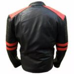 Fuoco — Men's Jet Black Genuine Soft Lambskin Leather Asymmetric Diagonal Zip Moto Biker Jacket with Contrast Red Quilted Shoulder Stripe Detail Silver-Tone Multi-Zip Snap Button Bold Edgy Street Style Outerwear - Image 2