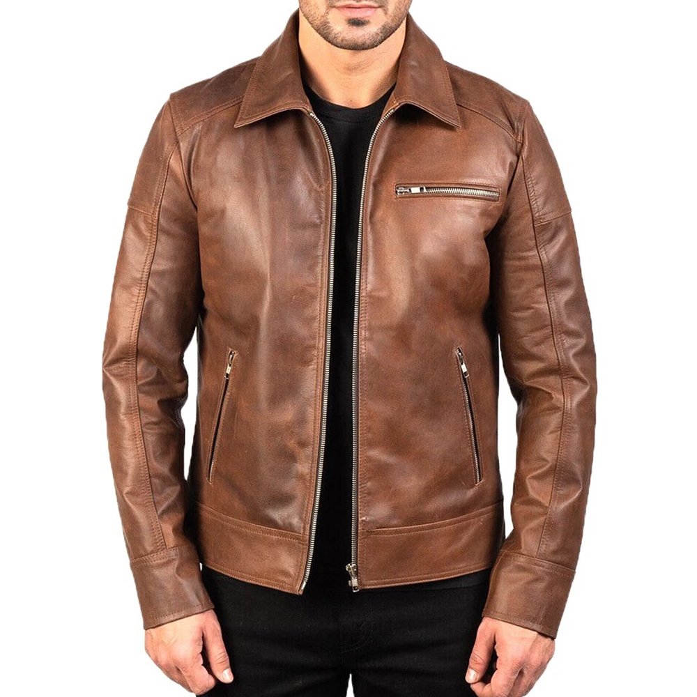 A32 Avventura — Men's Vintage Waxed Cognac Brown Genuine Soft Lambskin Leather Slim Fit Collared Zip-Up Casual Biker Jacket with Silver-Tone Multi-Zip Classic Everyday Rugged Street Style Outerwear - Image 1
